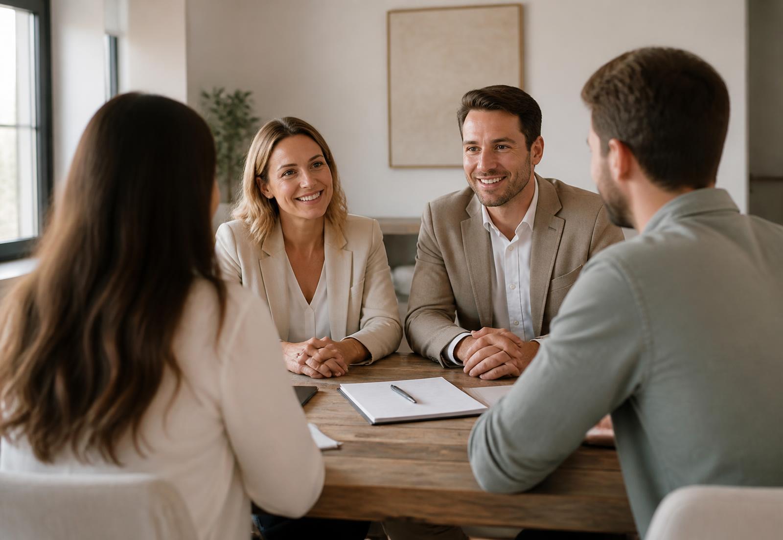 Asesores de Janeiro Real Estate conversando con un cliente en su oficina de Valencia